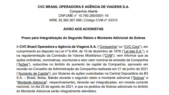 CVC Brasil informa sobre integralização de sobras de ações 