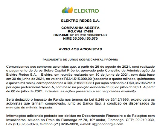Elektro Redes anuncia pagamento de juros sobre capital próprio (JCP)