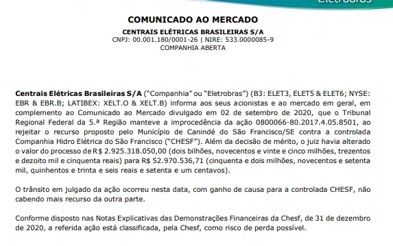 Eletrobras: TRF 5ª Região mantém ação contra Chesf improcedente