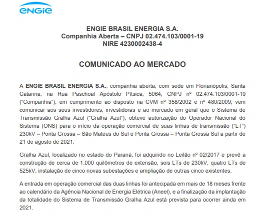 Engie obtém autorização para operar o Sistema Gralha Azul na região de Ponta Grossa