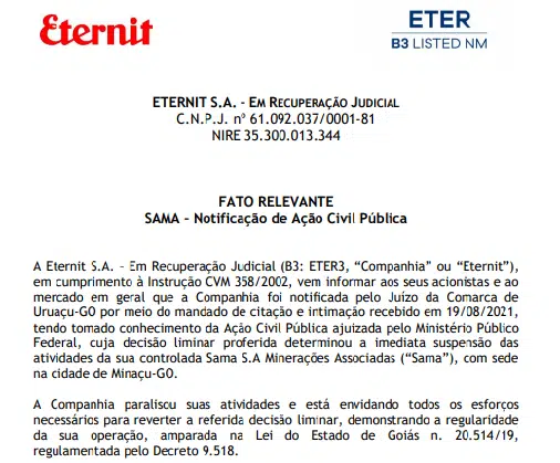 Eternit é notificada pela comarca de Uruaçú-GO e paralisa atividades da Sama