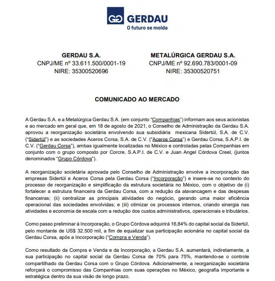 Empresas Gerdau aprovam reorganização societária da mexicana Sidertúl e outras