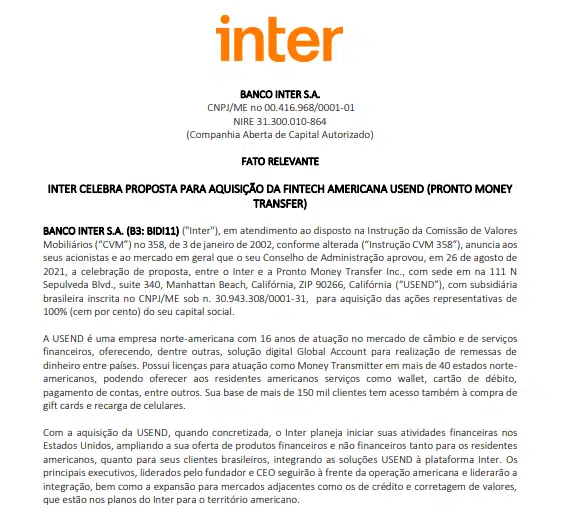 Inter anuncia aquisição da fintech americana Pronto Money Transfer
