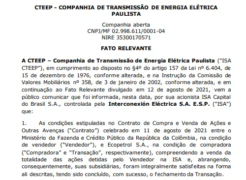 ISA Cteep anuncia fechamento da operação entre Ecopetrol e ministério da Fazenda e Crédito Público