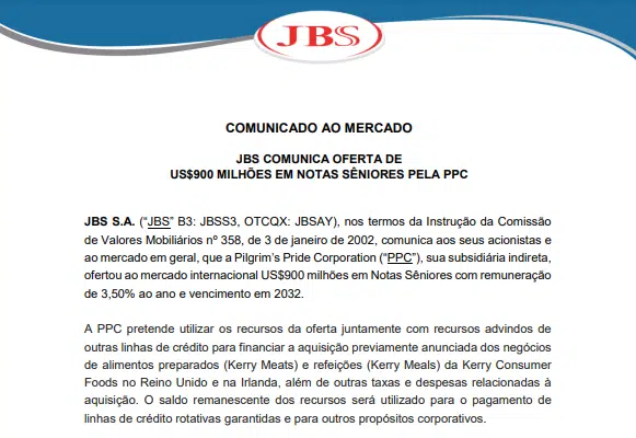 JBS comunica oferta de US$ 900 mi em notas sêniores pela Pilgrim’s