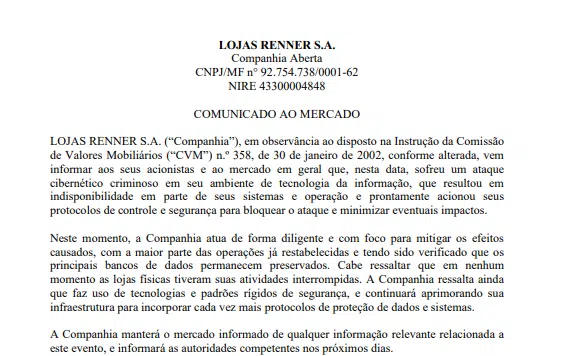 Lojas Renner sofre cibernético criminoso em seu ambiente de tecnologia da informação
