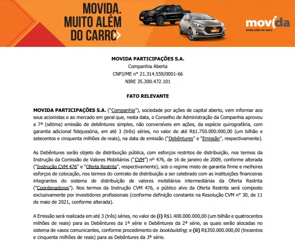 Movida anuncia pagamento de R$ 1.750 bi em debêntures 