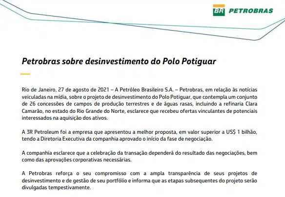 Petrobras: 3R Petroleum oferece mais de US$1 bi por refinaria do Polo Potiguar