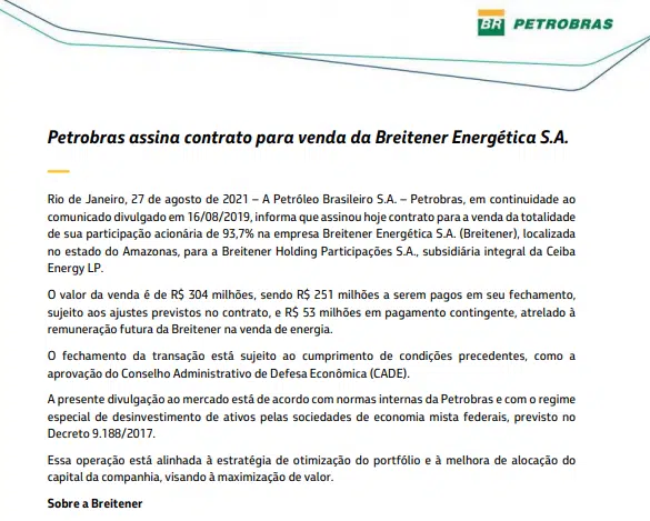 Petrobras assina contrato para venda da Breitener Energética