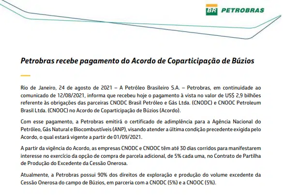 Petrobras recebe pagamento do Acordo de Coparticipação de Búzios