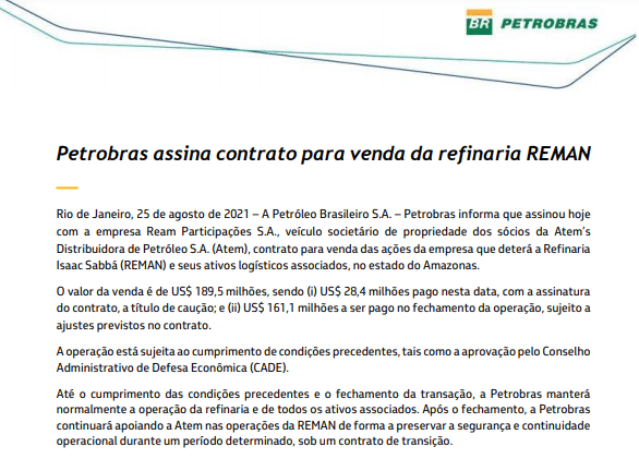 Petrobras assina contrato para venda da refinaria REMAN