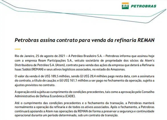 Petrobras assina contrato para venda da refinaria REMAN
