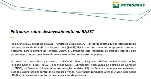 Petrobras: Interessados na aquisição da refinaria Abre e Lima declinaram da oferta