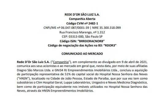 Rede D’Or conclui aquisição de 51% do hospital Hospital Nossa Senhora das Neves (PB)