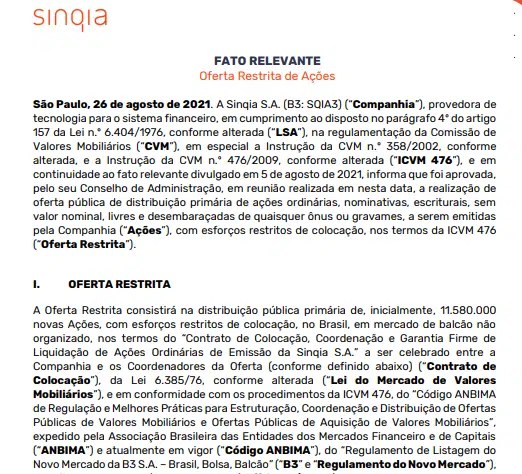 Sinqia anuncia oferta restrita de ações com mais de 11 mi de novos papéis