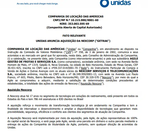 Unidas anuncia aquisição da Nexcorp Serviços e Telecomunicações em BH