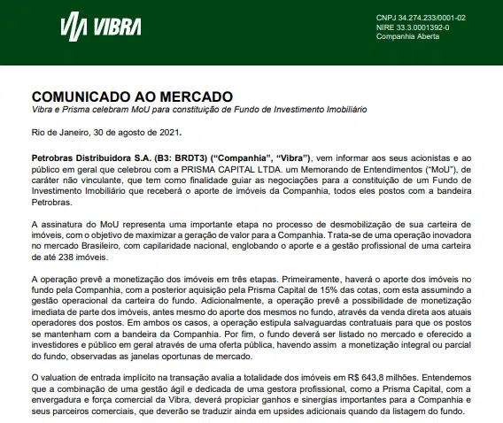 Vibra, ex-BR, e Prisma celebram MoU para constituição de Fundo de Investimento Imobiliário