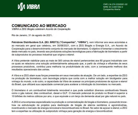 Vibra Energia celebra acordo de cooperação por Biometano com ZEG Biogás e Energia