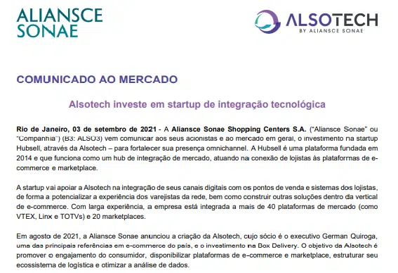 Alsotech, Aliansce Sonae, investe em startup de integração tecnológica
