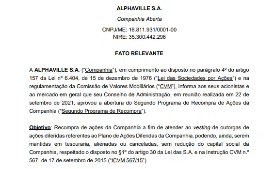 Alphaville aprova 2º Programa de Recompra de Ações da Companhia