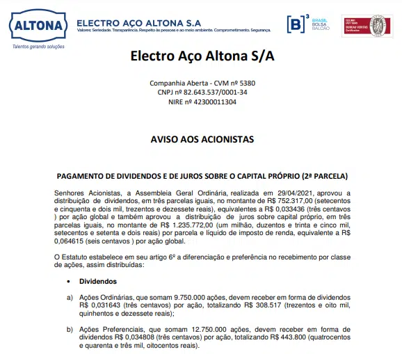 Electro Aço Altona, de Blumenau, anuncia pagamento de dividendos e JCP