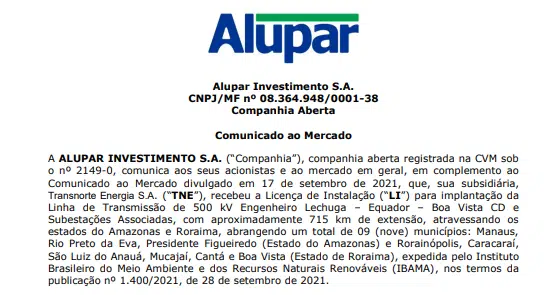 Alupar recebe licença de instalação para implantação da Linha Equador-Boa Vista 