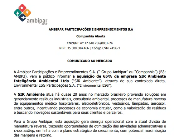 Ambipar anuncia aquisição da SIR Ambiente Inteligência Ambiental