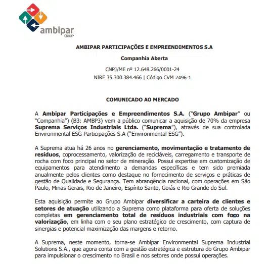 Ambipar adquire 70% da Suprema Serviços Industriais via Environmental