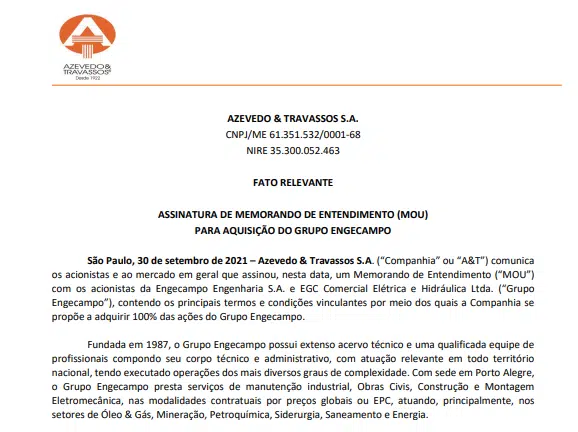 Azevedo & Travassos assina memorando para aquisição da Engecampo e EGC