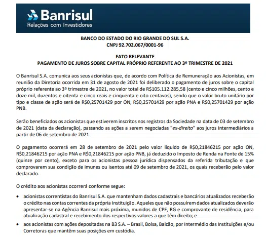 Banrisul anuncia pagamento de R$105 mi em juros sobre capital próprio