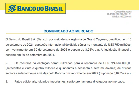 Banco do Brasil precifica captação internacional em US$750 mi