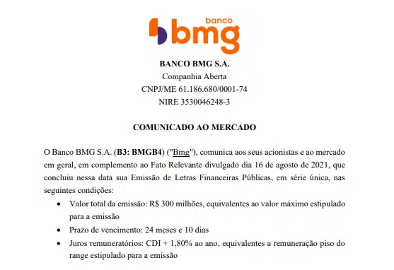 Banco BMG conclui emissão de letras financeiras públicas