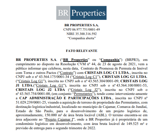BR Properties assina permuta referente a terreno para destinação industrial em Cajamar