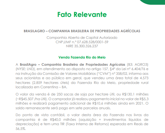 BrasilAgro vende Fazenda Rio do Meio por R$130,1 milhões