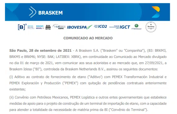 Braskem: Controlada assina aditivo para fornecimento de etano à Pemex