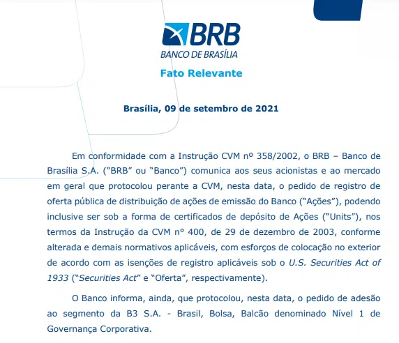 Banco de Brasília registra pedido de oferta pública de ações (IPO) na CVM