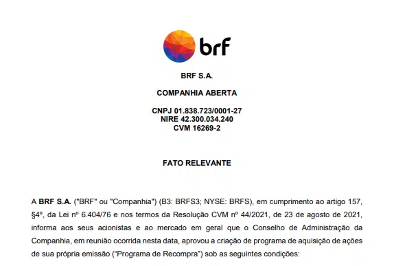 BRF anuncia criação do programam de aquisição de ações 