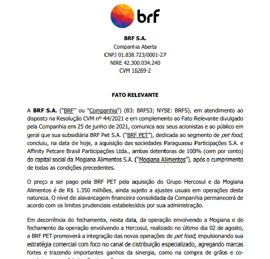 BRF conclui aquisição da Mogiana Alimentos via subsidiária 