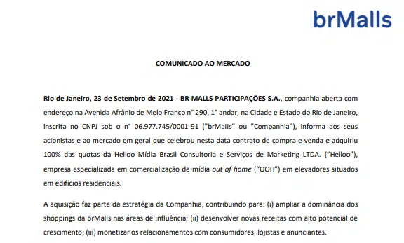 brMalls anuncia aquisição da empresa de marketing Helloo