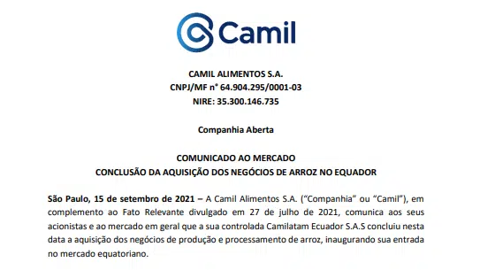 Camil conclui aquisição de produtora de arroz no Equador via subsidiária 