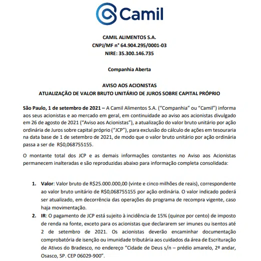 Camil anuncia atualização no pagamento de Juros sobre Capital Próprio