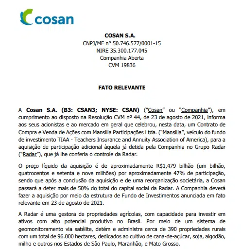 Cosan celebra contrato com Mansilla e aumenta participação no Grupo Radar