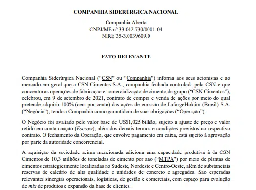 CSN assina contrato para aquisição da LafargeHolcim Brasil por R$1,25 bi