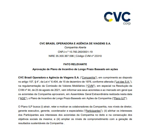 CVC Brasil aprova plano de incentivo de longo prazo baseado em ações