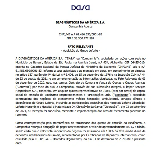 Dasa anuncia aquisição da Biodínamo, que detém o Grupo Le Forte