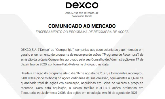 Duratex, agora Dexco, encerra programa de recompra de ações 