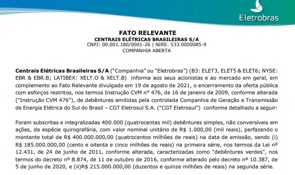 Eletrobras: CGT Eletrosul encerra follow-on e levanta R$400 mi