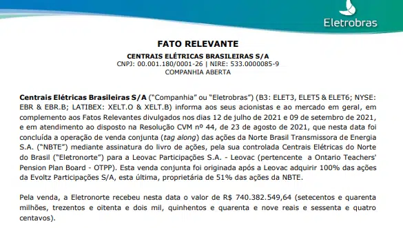 Eletrobras conclui tag along das ações da Norte Brasil Transmissora de Energia