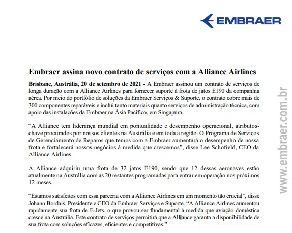 Embraer assina novo contrato de serviços com a Alliance Airlines