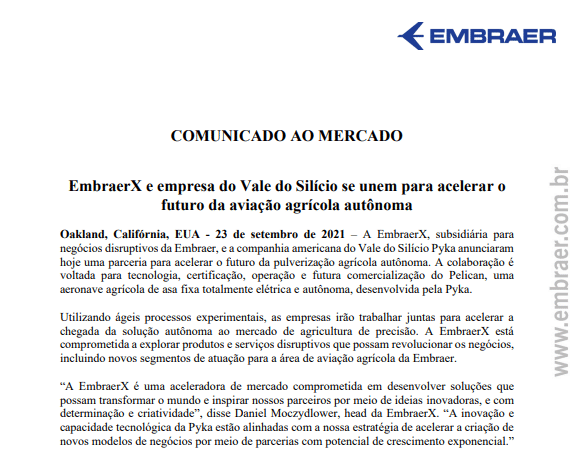 Embraer anuncia parceria entre EmbraerX e empresa do Vale do Silício por aviação autônoma